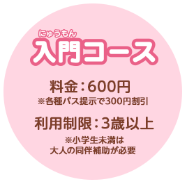 入門コース　料金：600円　※各種パス提示で300円割引　利用制限：3歳以上　※小学生未満は大人の同伴補助が必要