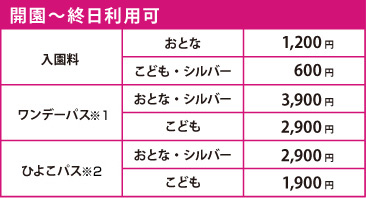 開園～16：00まで 入園料：おとな1,200円　こども・シルバー600円　ワンデーパス：おとな・シルバー3,900円　こども2,900円　ひよこパス：おとな・シルバー2,900円　こども：1,900円
