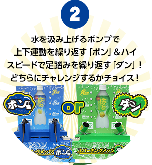 2.水を汲み上げるポンプで上下運動を繰り返す「ポン」＆ハイスピードで足踏みを繰り返す「ダン」！どちらにチャレンジするかチョイス！